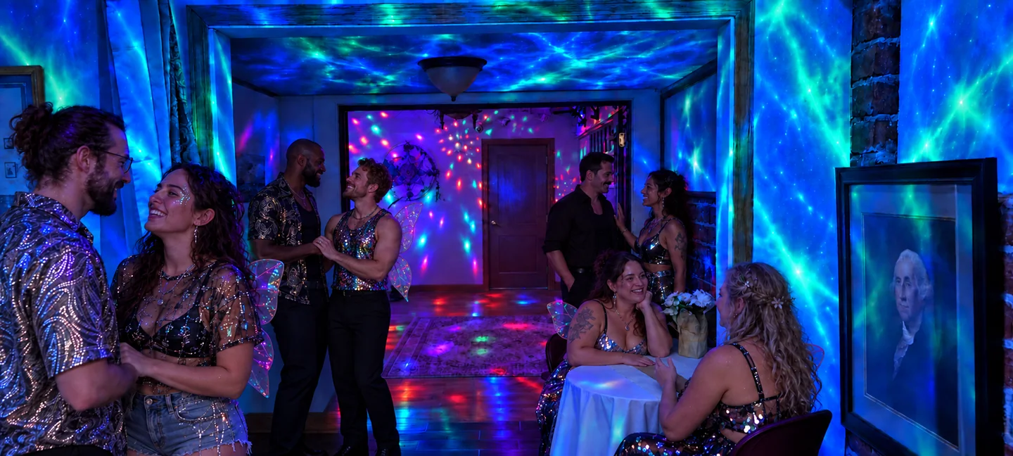 Concept of guests connecting in the transition room, with seating and luminous aurora colors